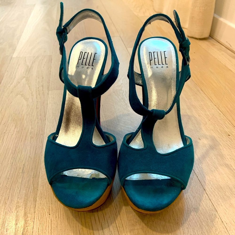 Teal, purple and tan platform heels